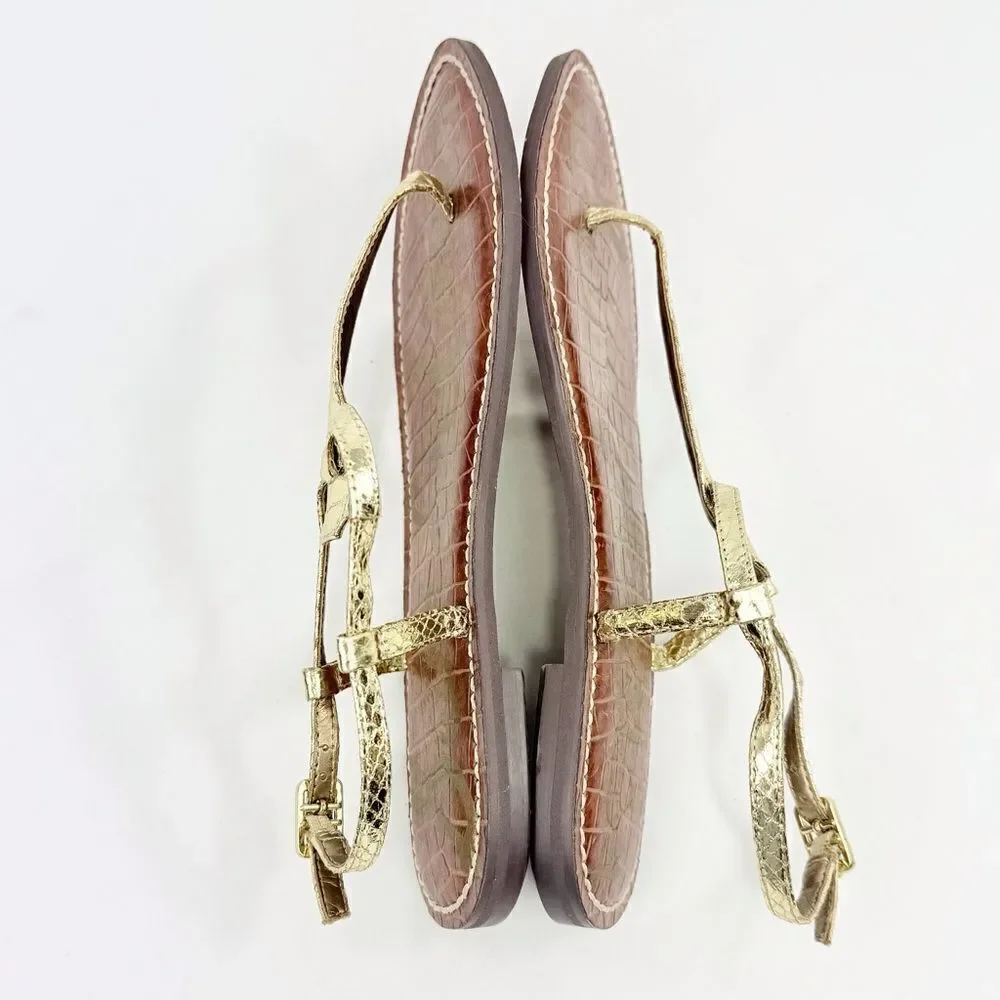 Sam Edelman GIGI Gold Metallic Reptile Embossed Leather T Strap Thong Sandals